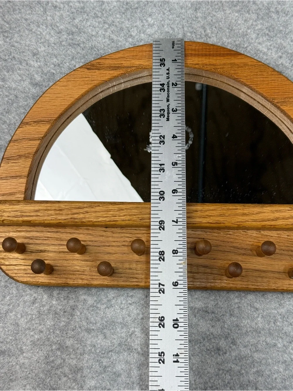 Vintage Oak Wall Jewelry Organizer Mirror 10 Necklace Pegs